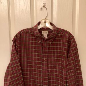 LL Bean Dress Shirt L Burgandy Plaid Wrinkle Resistant 100% Cotton